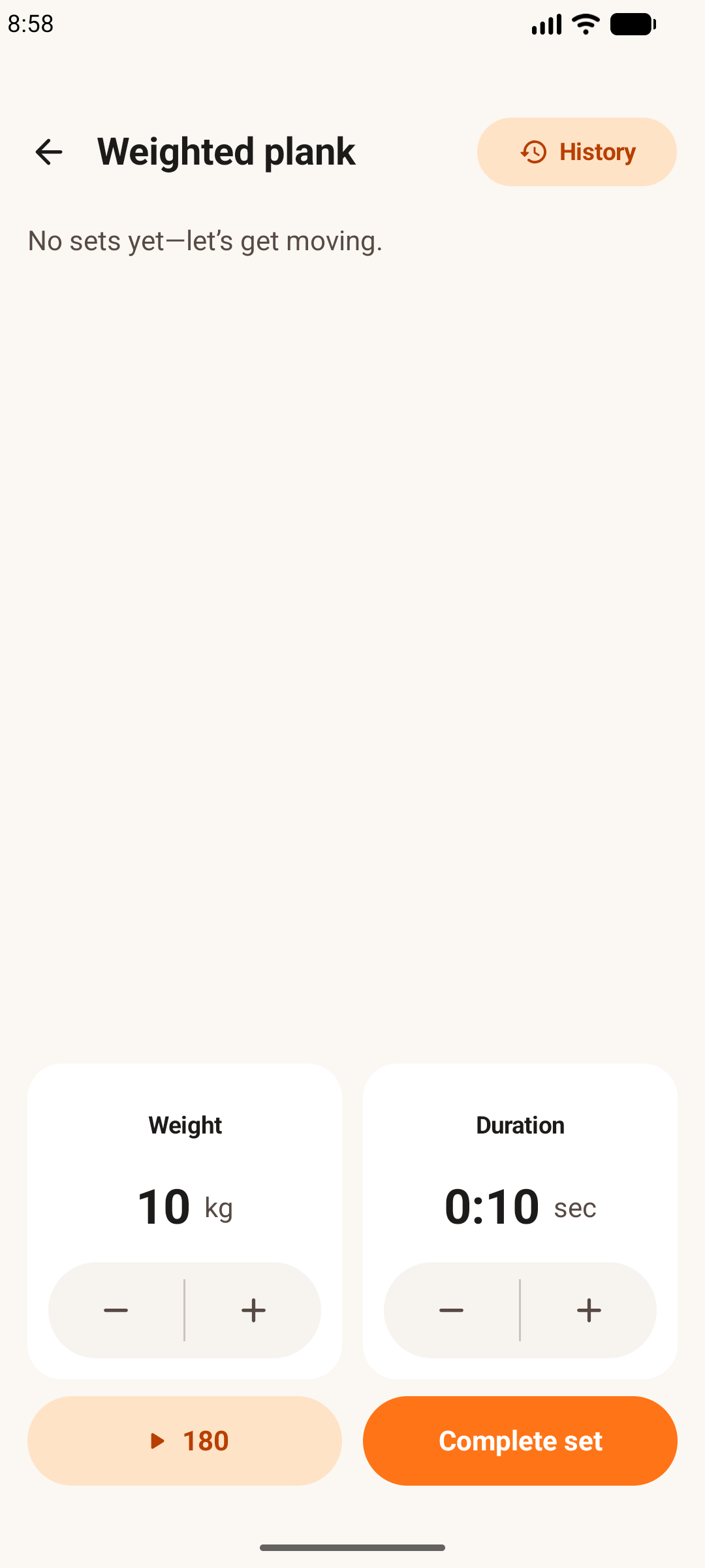 Easy Workout Log workout screen on an Android phone, recording Weight and Duration for a set.