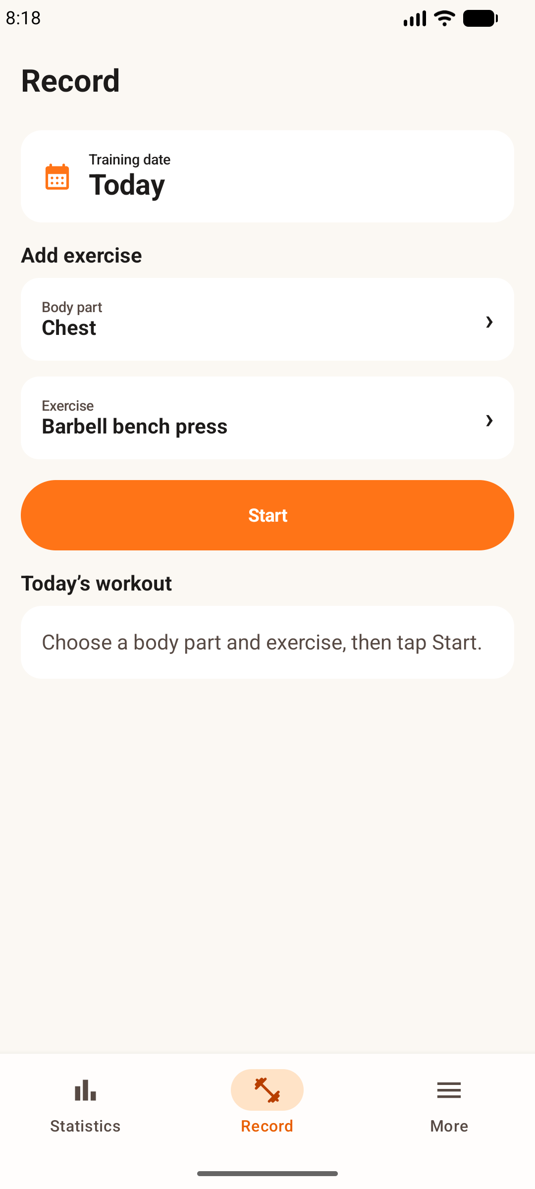 Easy Workout Log home screen on an Android phone, ready to start a workout.