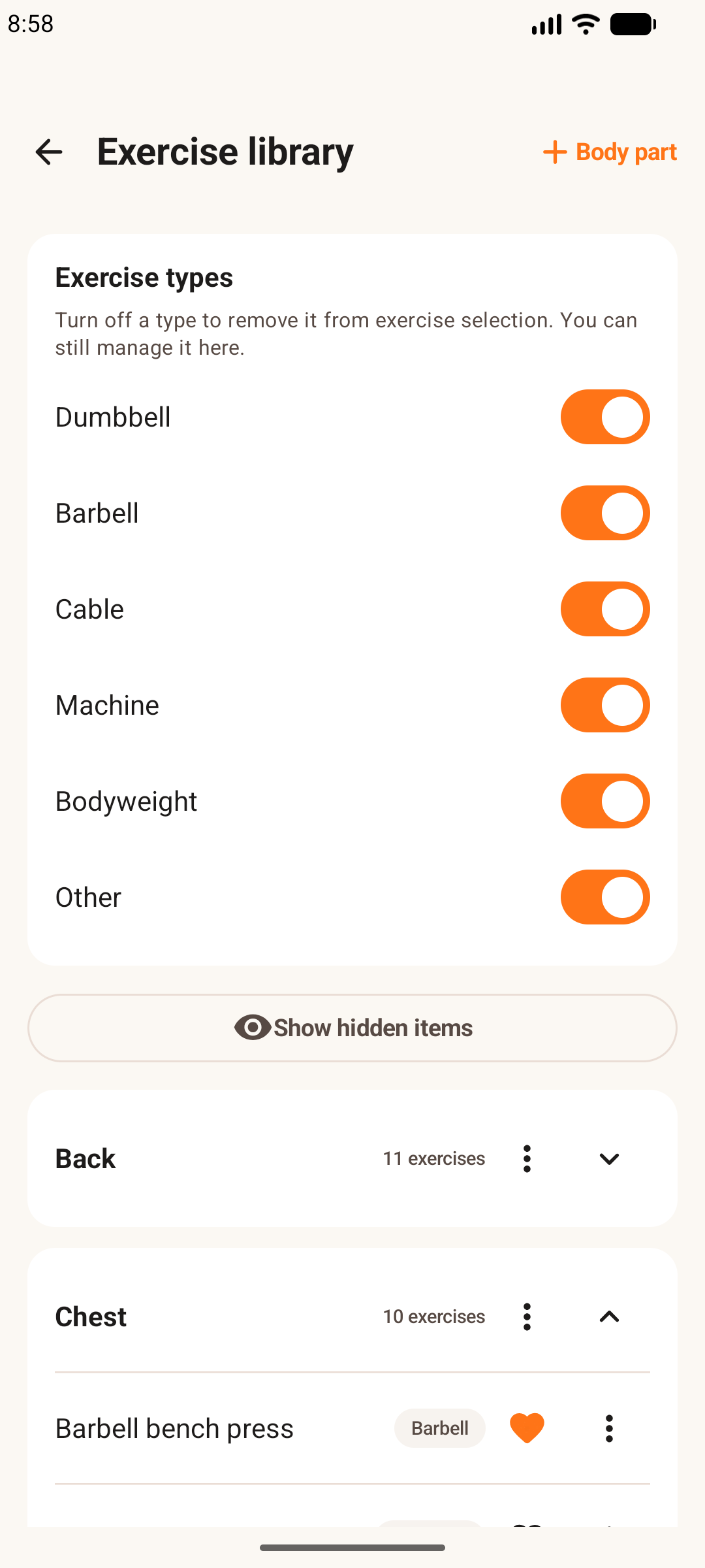 Easy Workout Log exercise library on an Android phone, showing an exercise marked as a favorite.