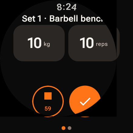 Easy Workout Log on a Wear OS watch showing an active rest timer counting down.